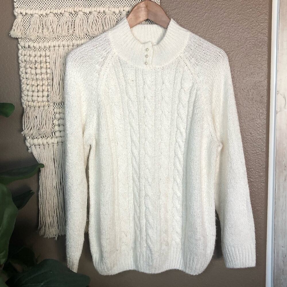 Karen Scott White Cable Knit Mock-Neck Sweater